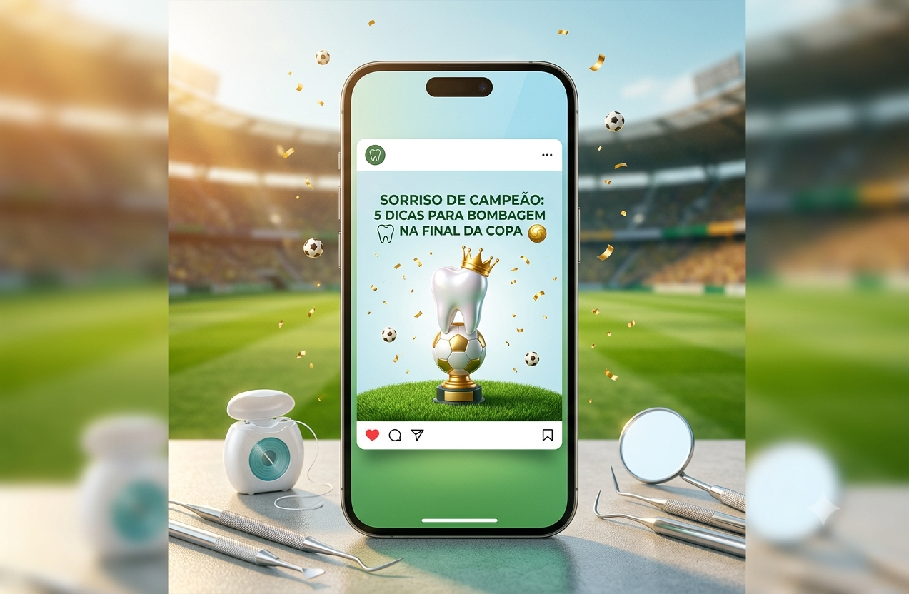 Ideias de conteúdo para dentistas sobre o sorriso de campeão exibidas em celular com estádio de futebol ao fundo, tema final da Copa